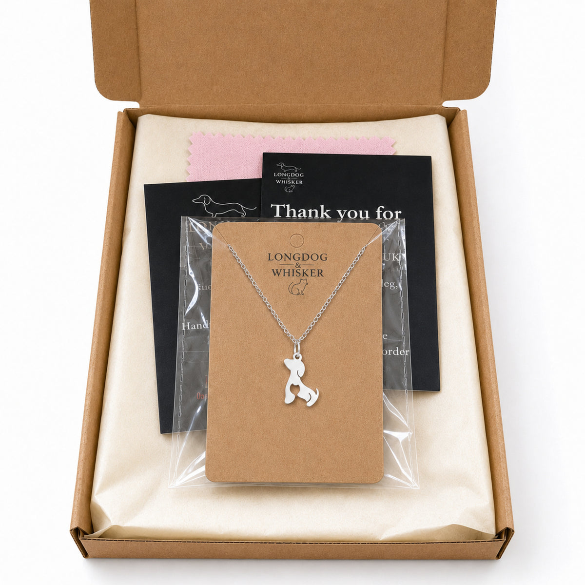 Cat At Heart Dog Necklace - Silver with Longdog & Whisker packaging