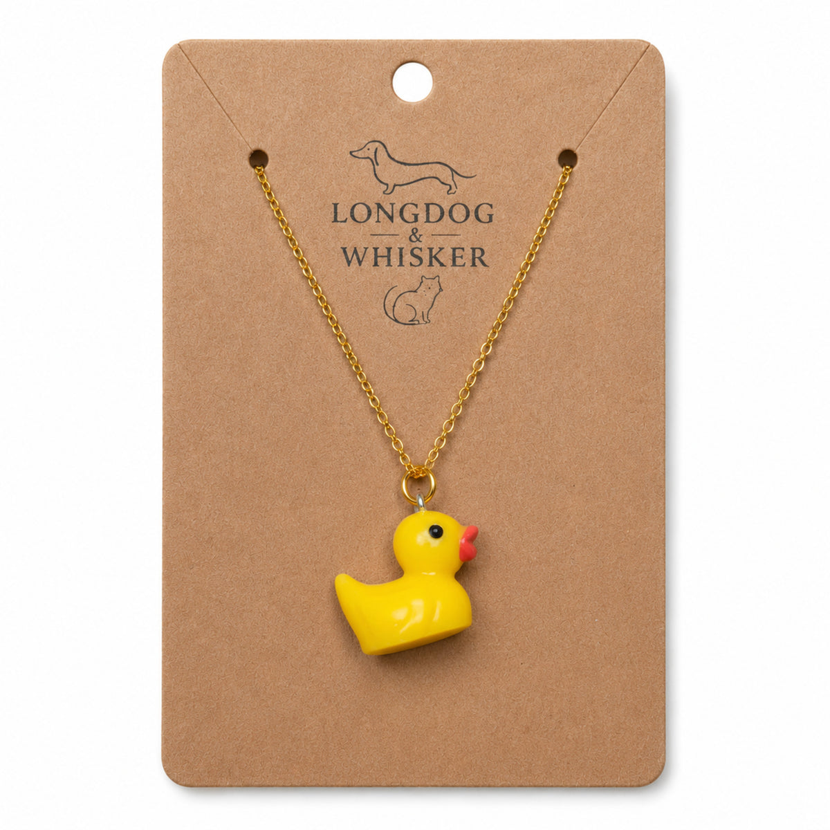 Rubber Duck Necklace with gold chain on Longdog & Whisker product card