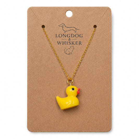 Rubber Duck Necklace with gold chain on Longdog & Whisker product card