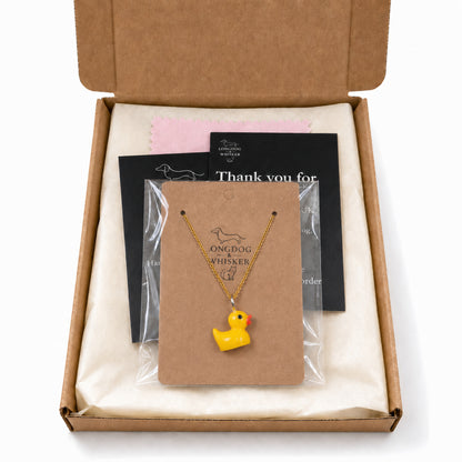 Rubber Duck Necklace with gold chain in Longdog & Whisker packaging