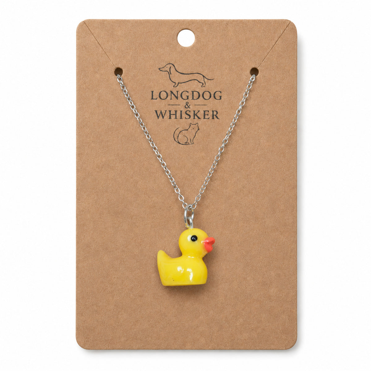 Rubber Duck Necklace with silver chain on Longdog & Whisker product card