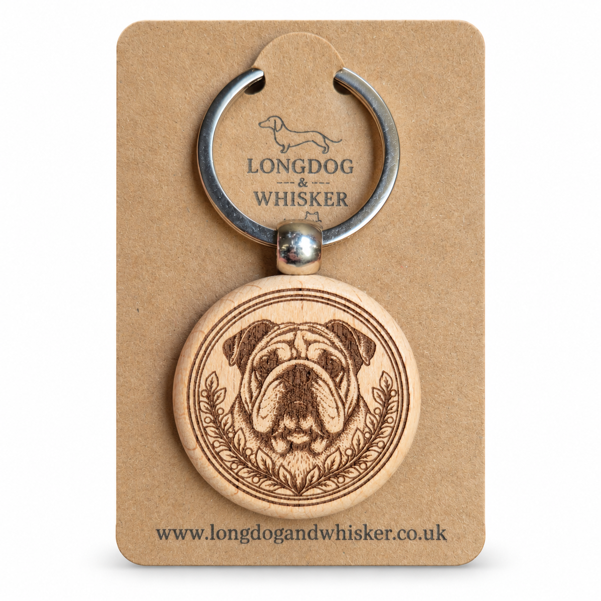 English Bulldog wooden keyring with leafy portrait frame on Longdog & Whisker kraft card