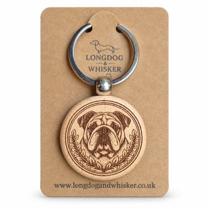 English Bulldog wooden keyring with leafy portrait frame on Longdog & Whisker kraft card
