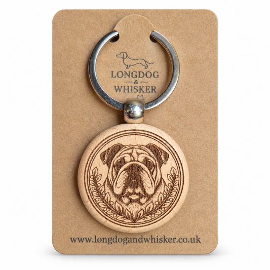 English Bulldog wooden keyring with leafy portrait frame on Longdog & Whisker kraft card