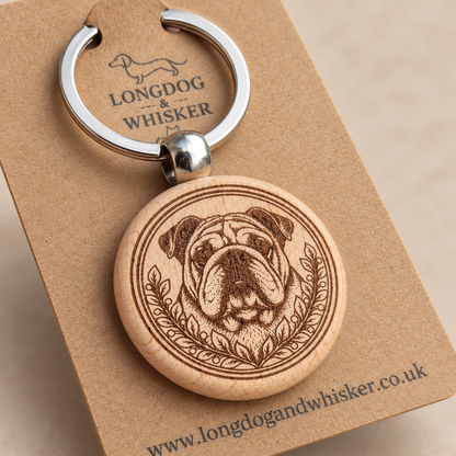 Close-up of English Bulldog portrait, leafy border, natural wood edge and silver connector