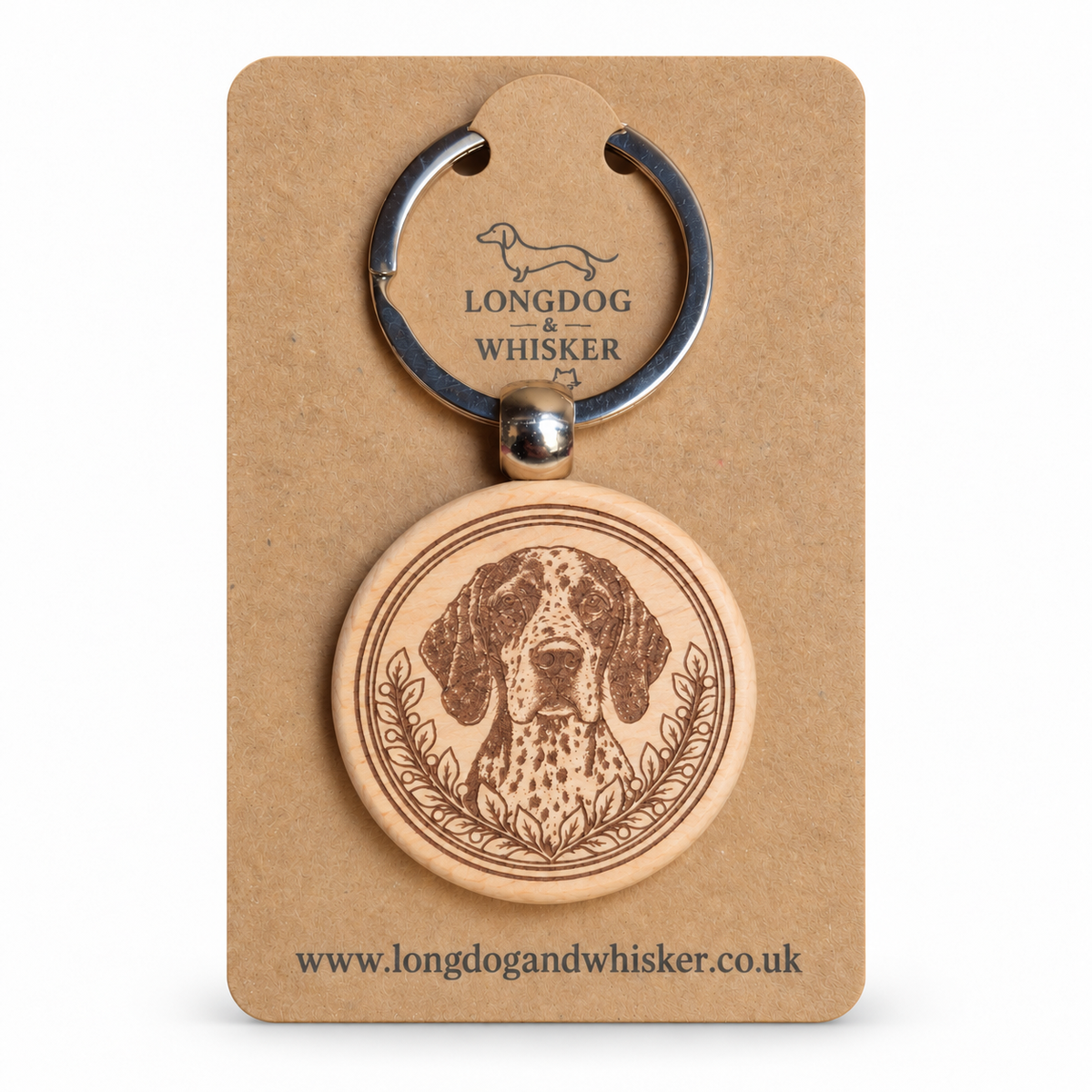 English Pointer wooden keyring with spotted portrait and leafy frame on Longdog & Whisker kraft card