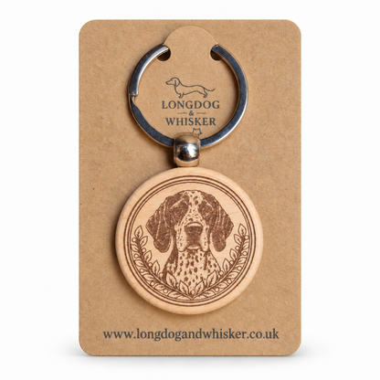 English Pointer wooden keyring with spotted portrait and leafy frame on Longdog & Whisker kraft card