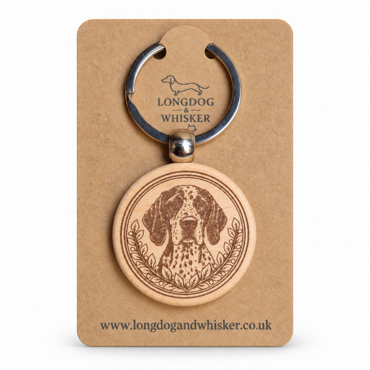 English Pointer wooden keyring with spotted portrait and leafy frame on Longdog & Whisker kraft card