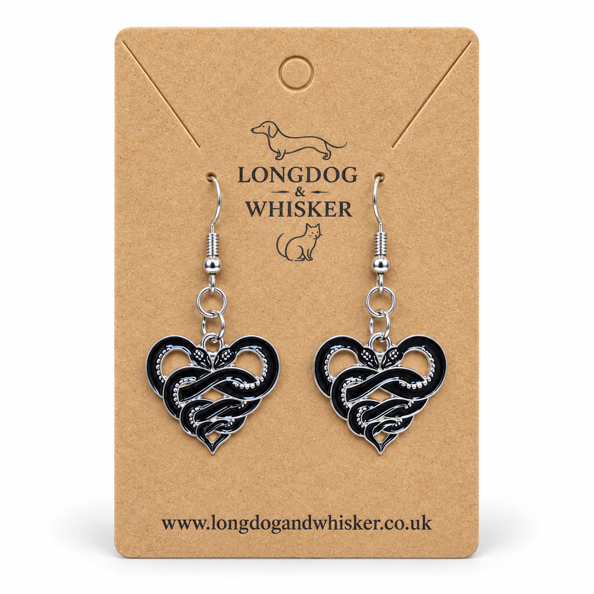 Entwined Snake Heart Drop Earrings displayed on a Longdog & Whisker card
