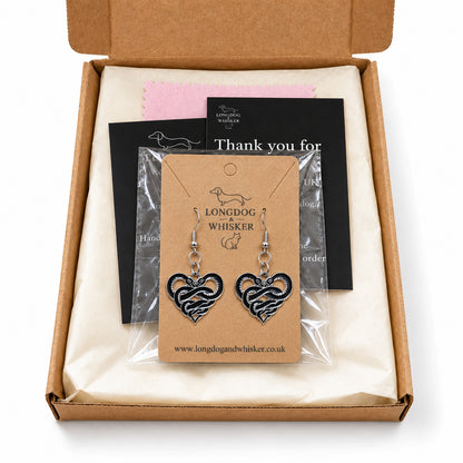 Entwined Snake Heart Drop Earrings presented in Longdog & Whisker packaging