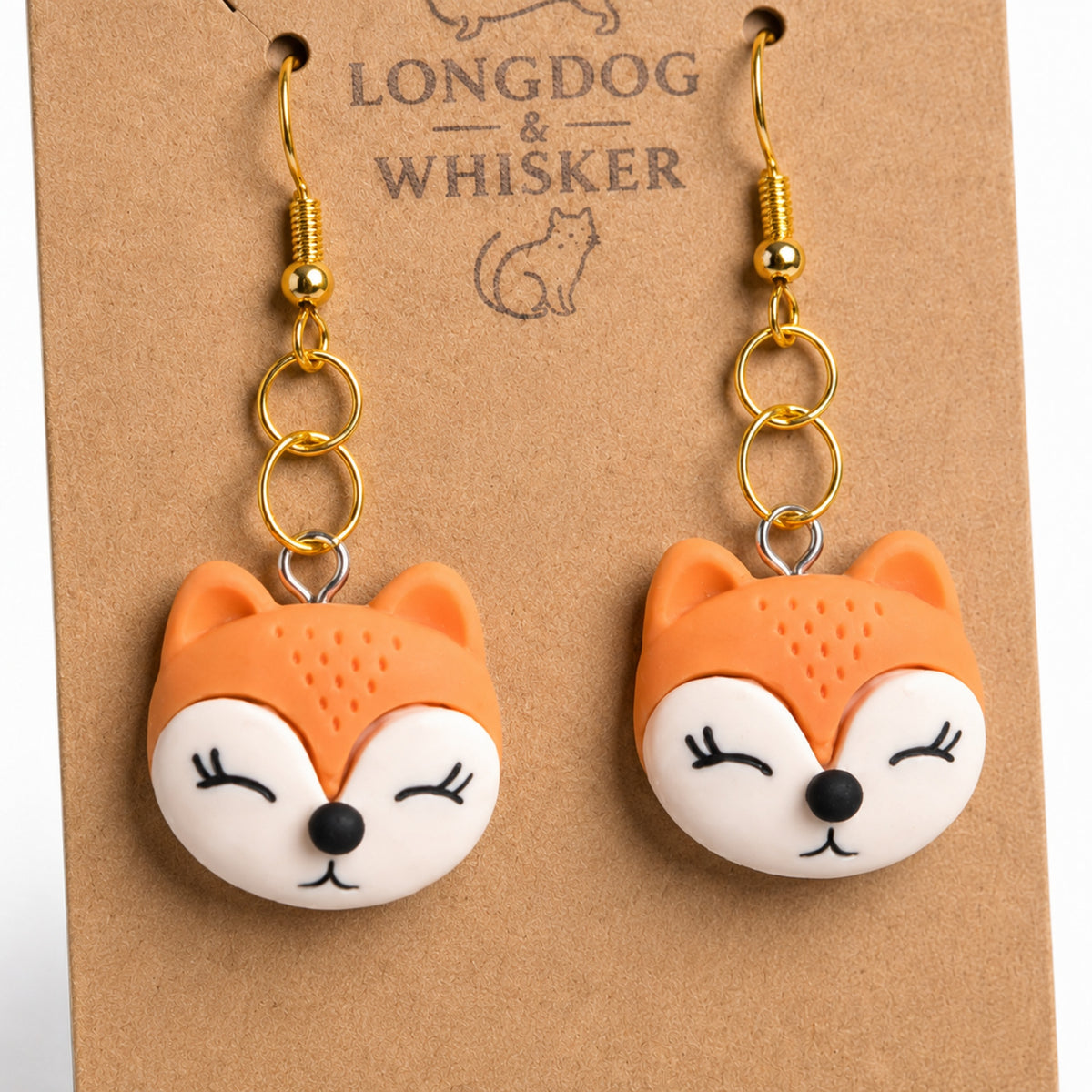Close-up detail of Fox Face Earrings - Gold Hook