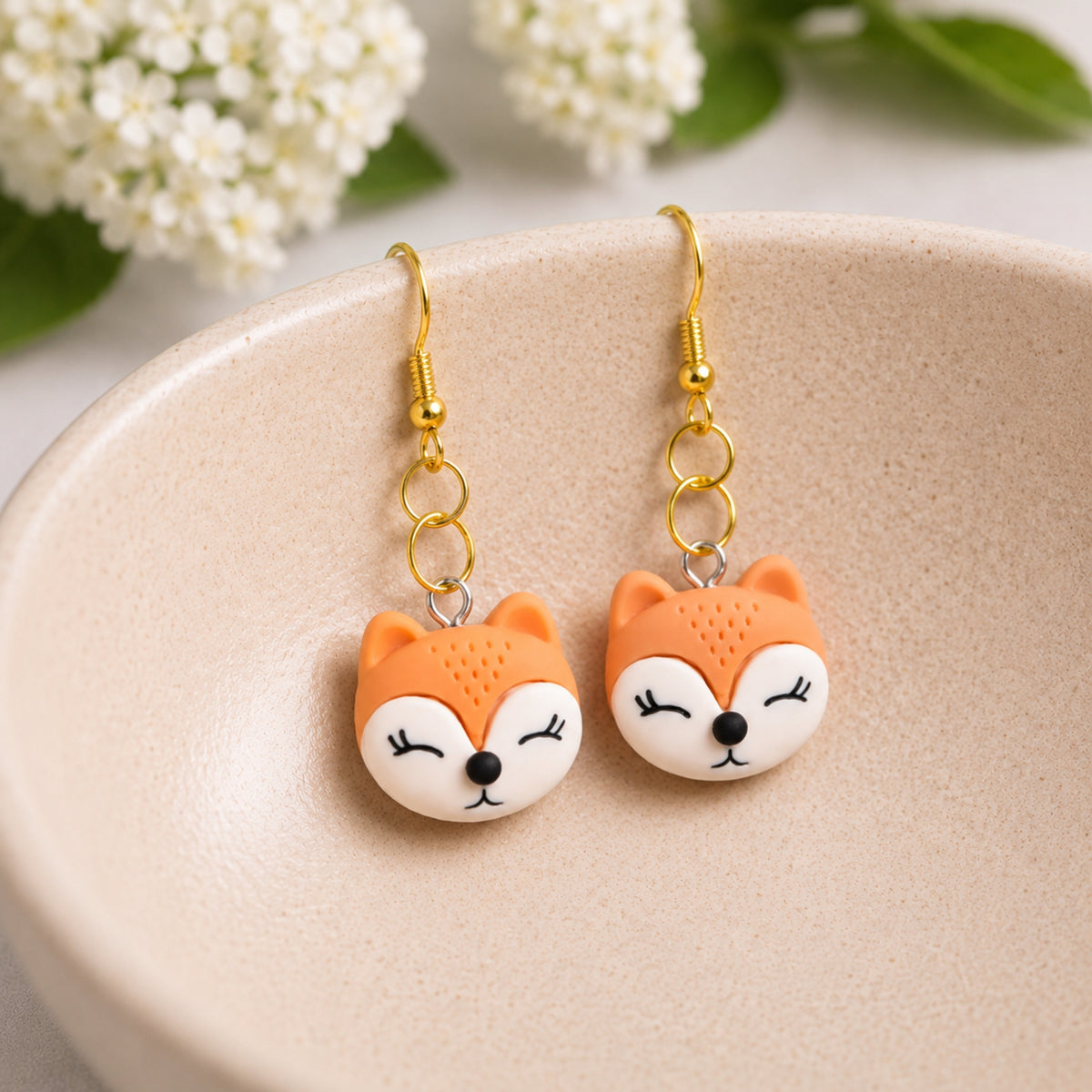 Fox Face Earrings - Gold Hook displayed in a lifestyle product photo