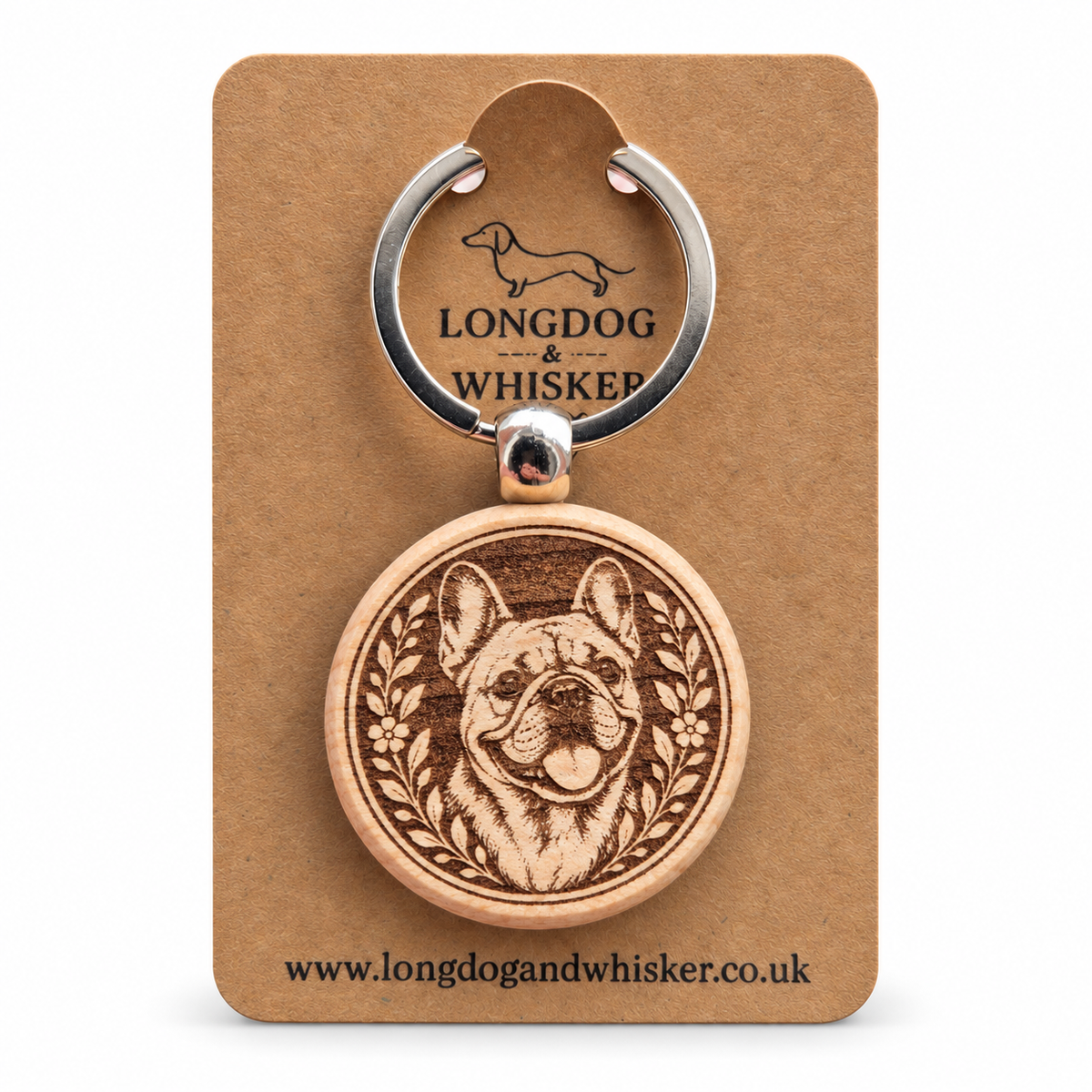 French Bulldog wooden keyring on a Longdog & Whisker product card