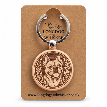 French Bulldog wooden keyring on a Longdog & Whisker product card