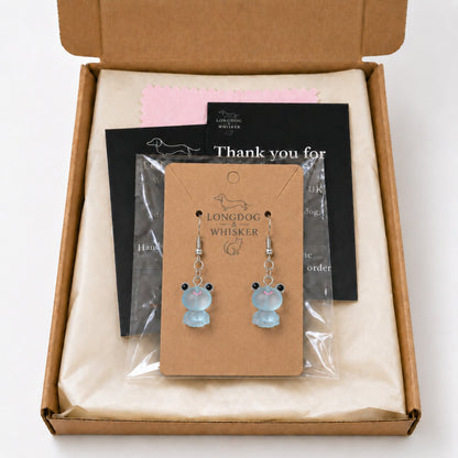 Frosted Frog in Aqua Earrings in Longdog & Whisker gift packaging box