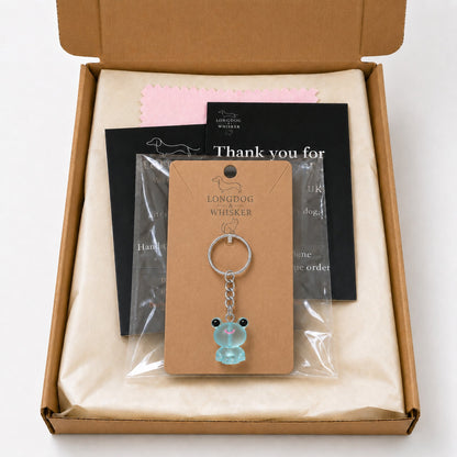 Frosted Frog in Aqua Keyring & Bag Charm in Longdog & Whisker gift packaging box