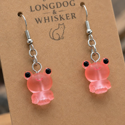 Close-up detail of Frosted Frog in Coral Earrings