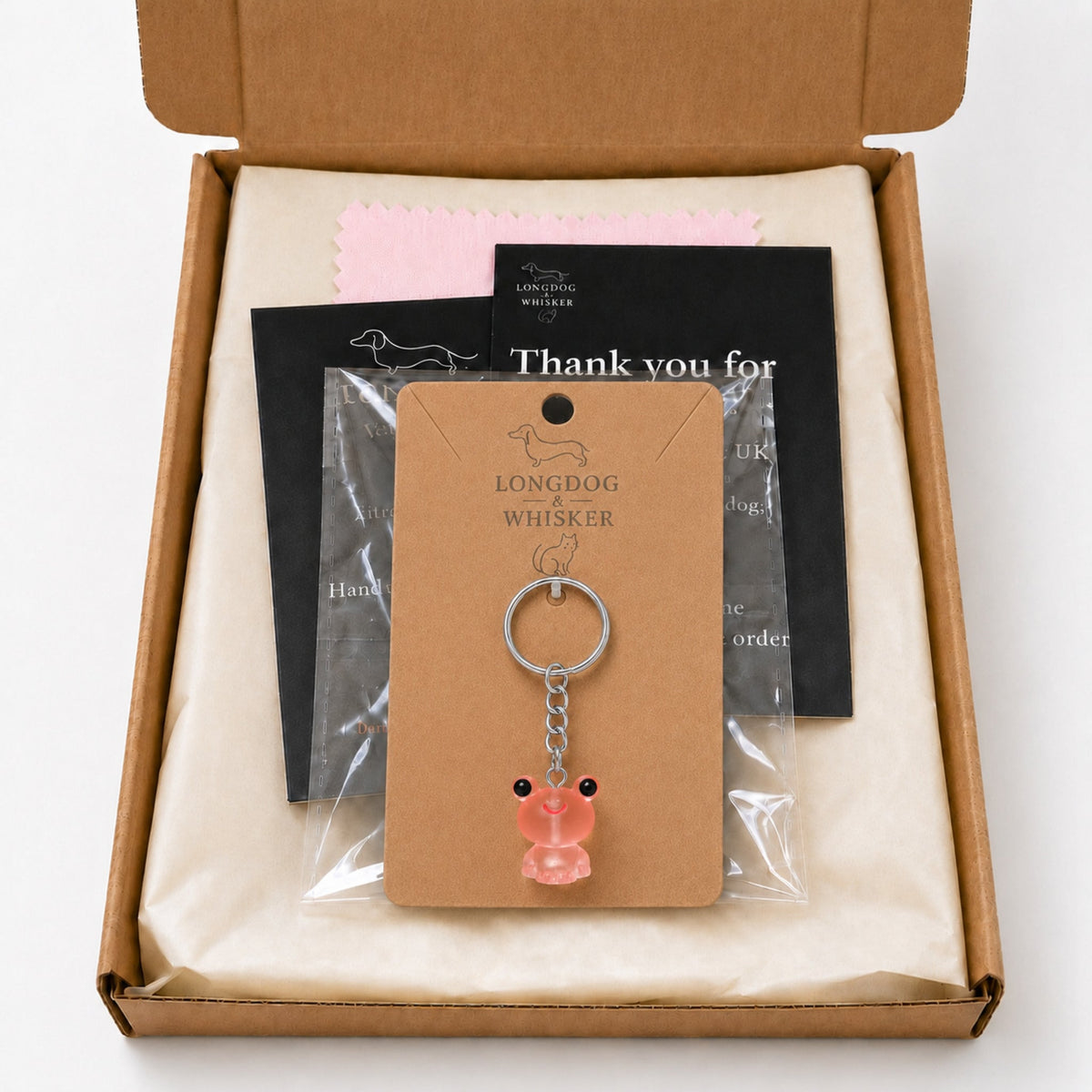 Frosted Frog in Coral Keyring & Bag Charm in Longdog & Whisker gift packaging box