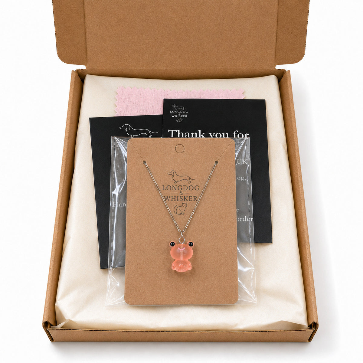 Frosted Frog in Coral Necklace in Longdog & Whisker gift packaging box