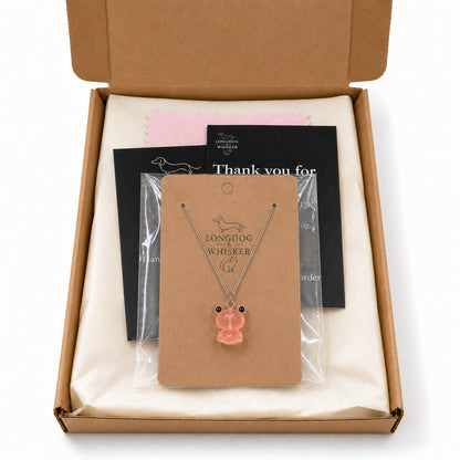 Frosted Frog in Coral Necklace in Longdog & Whisker gift packaging box