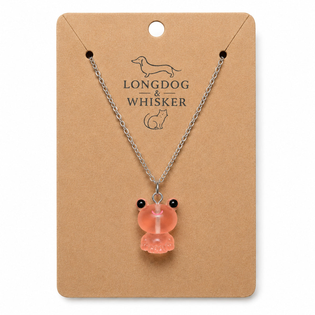 Frosted Frog in Coral Necklace on Longdog & Whisker product card