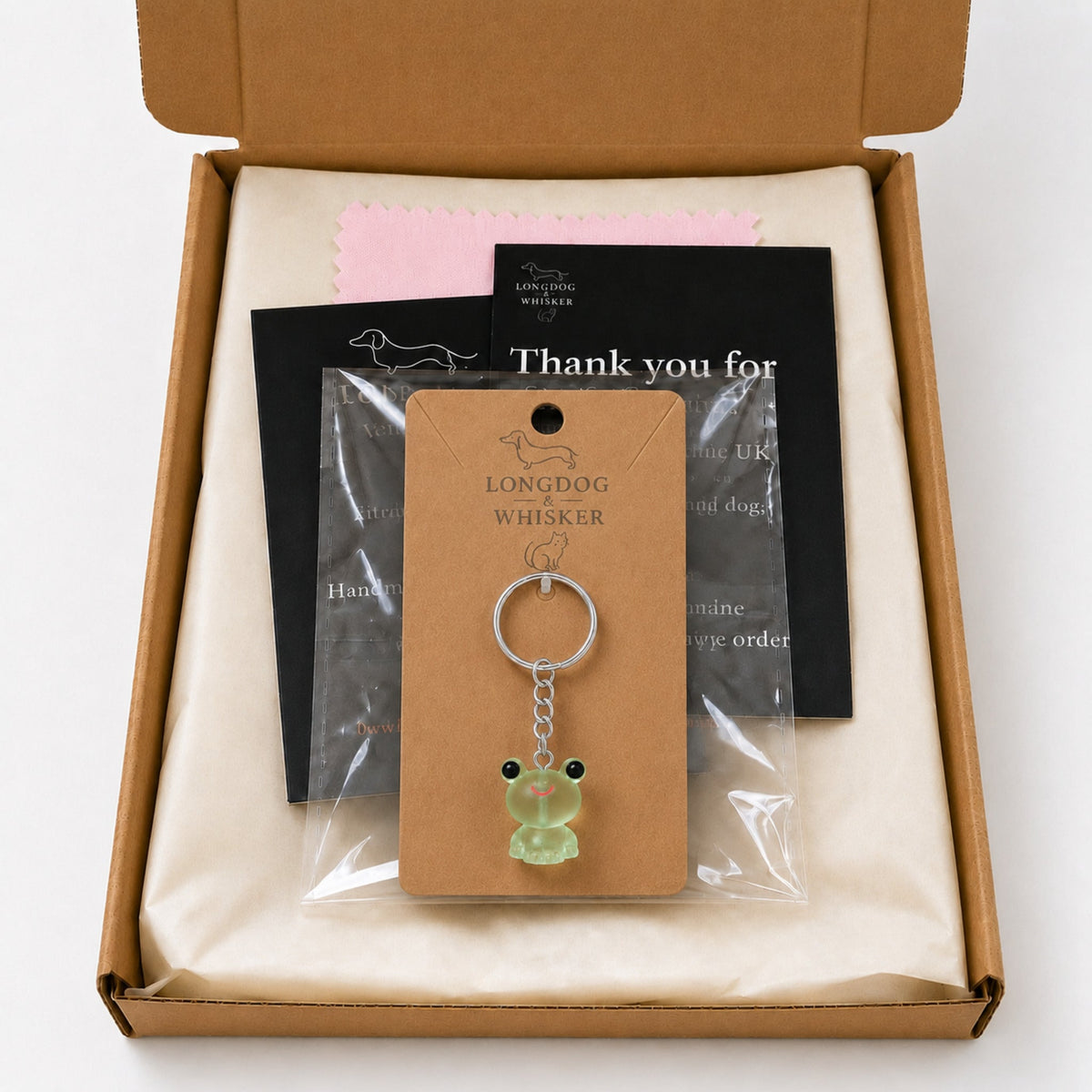 Frosted Frog in Green Keyring & Bag Charm in Longdog & Whisker gift packaging box
