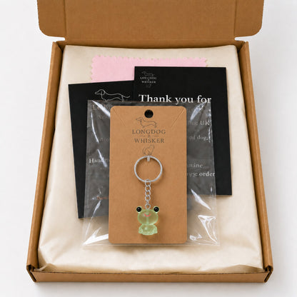 Frosted Frog in Green Keyring & Bag Charm in Longdog & Whisker gift packaging box