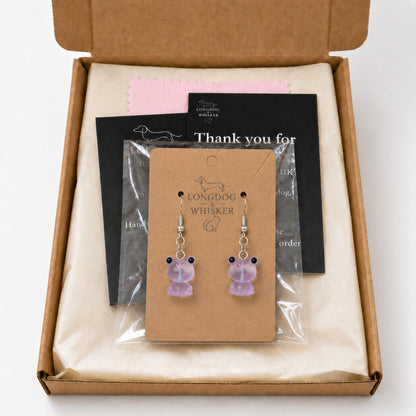 Frosted Frog in Lilac Earrings in Longdog & Whisker gift packaging