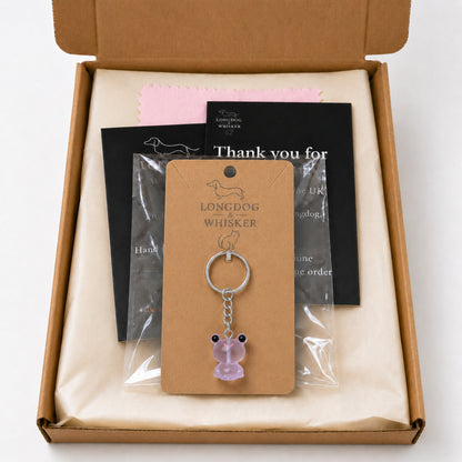 Frosted Frog in Lilac Keyring & Bag Charm in Longdog & Whisker gift packaging box