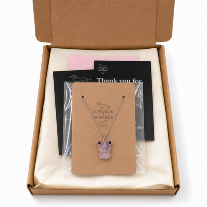 Frosted Frog in Lilac Necklace in Longdog & Whisker gift packaging box