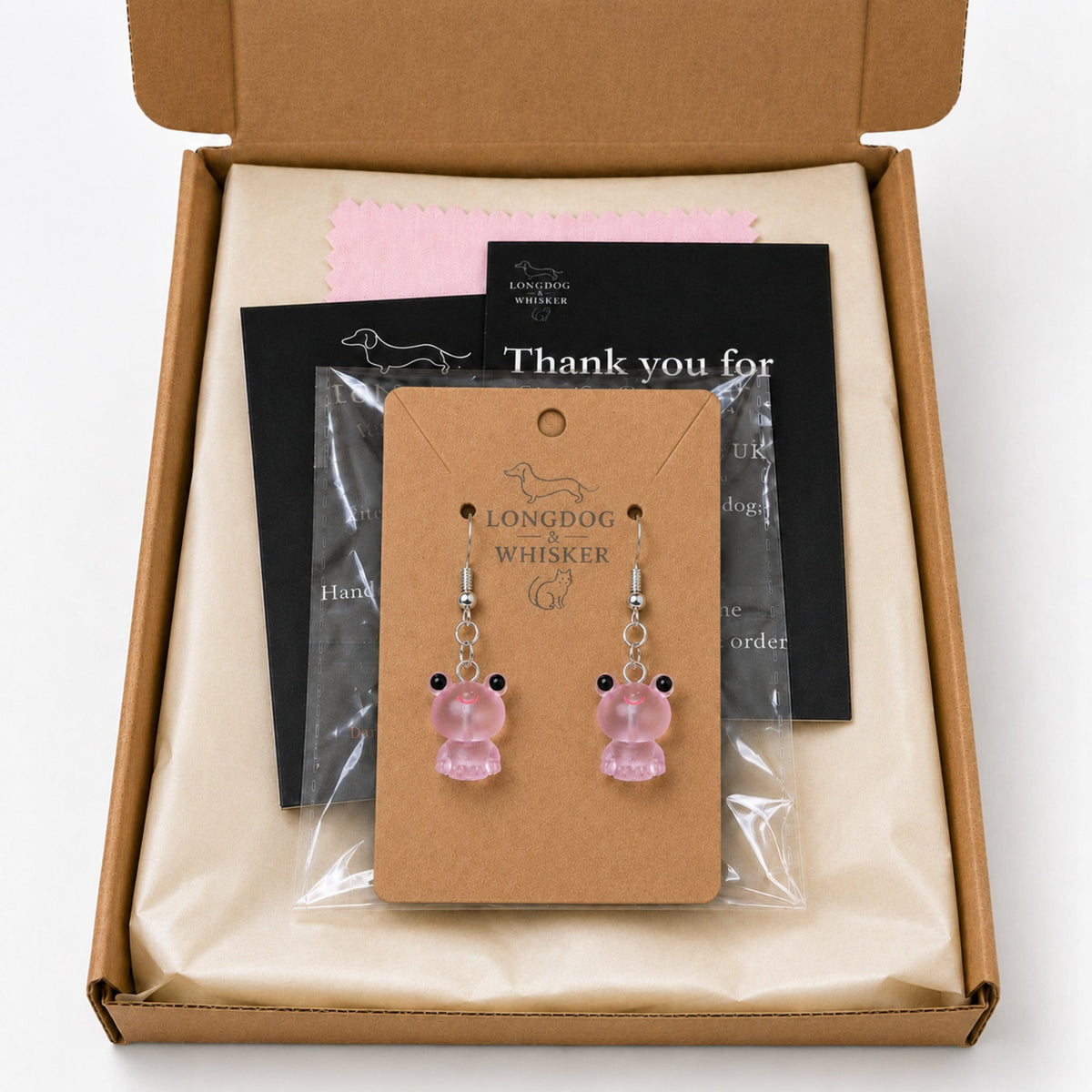 Frosted Frog in Pink Earrings in Longdog & Whisker gift packaging box