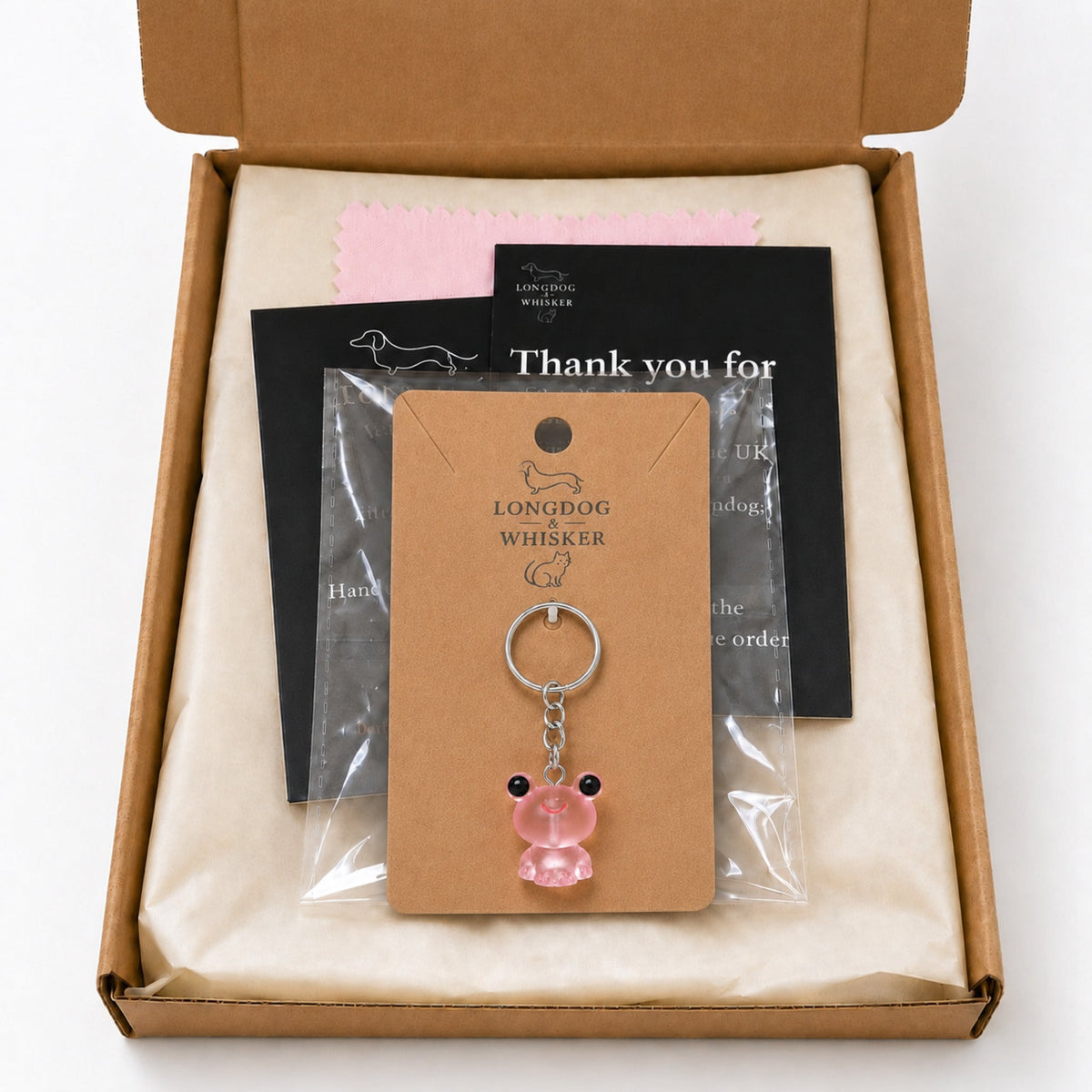 Frosted Frog in Pink Keyring & Bag Charm in Longdog & Whisker gift packaging box