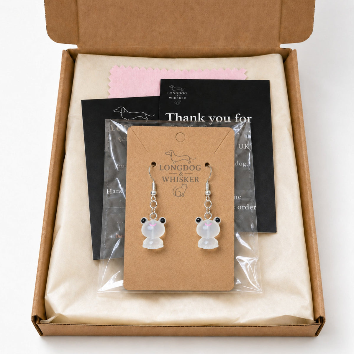 Frosted Frog in White Earrings in Longdog & Whisker gift packaging