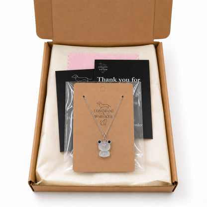 Frosted Frog in White Necklace in Longdog & Whisker gift packaging box