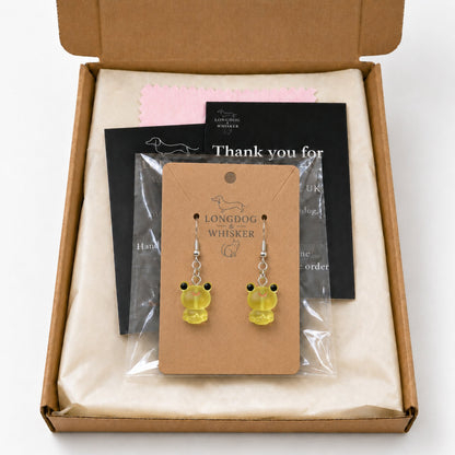 Frosted Frog in Yellow Earrings in Longdog & Whisker gift packaging box