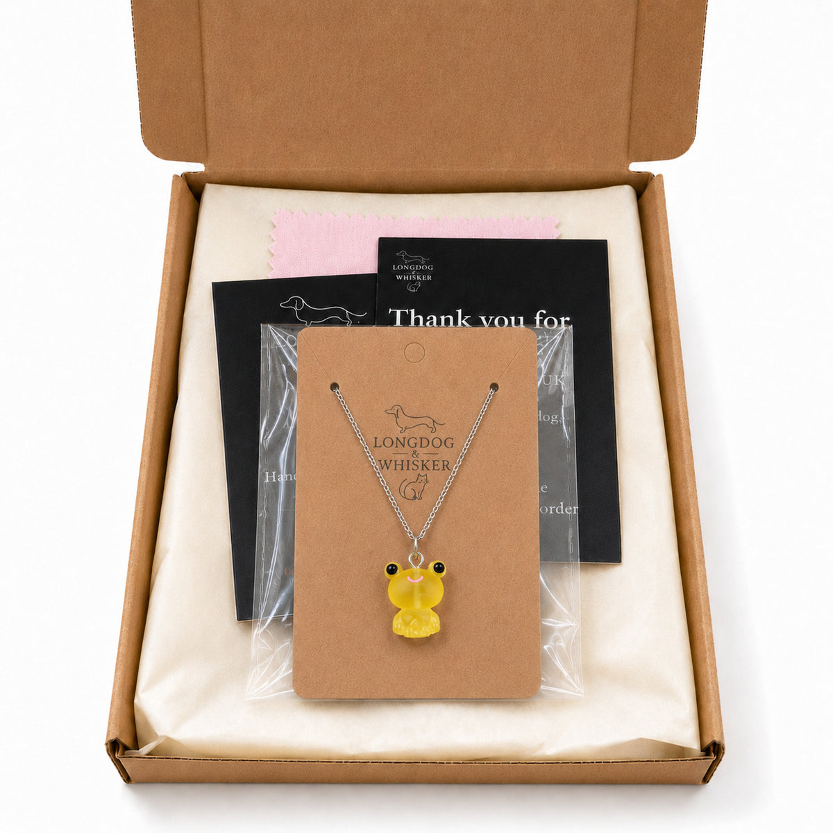 Frosted Frog in Yellow Necklace in Longdog & Whisker gift packaging box