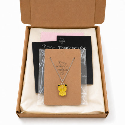 Frosted Frog in Yellow Necklace in Longdog & Whisker gift packaging box