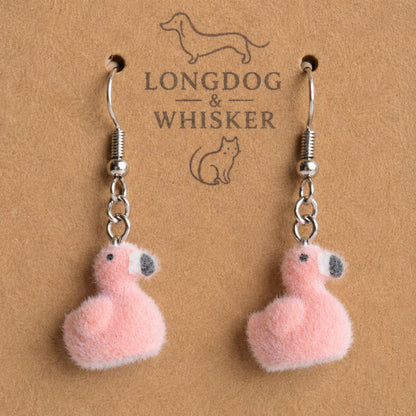 Close up detail of Fuzzy Flamingo Earrings