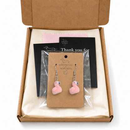 Fuzzy Flamingo Earrings in Longdog & Whisker gift packaging