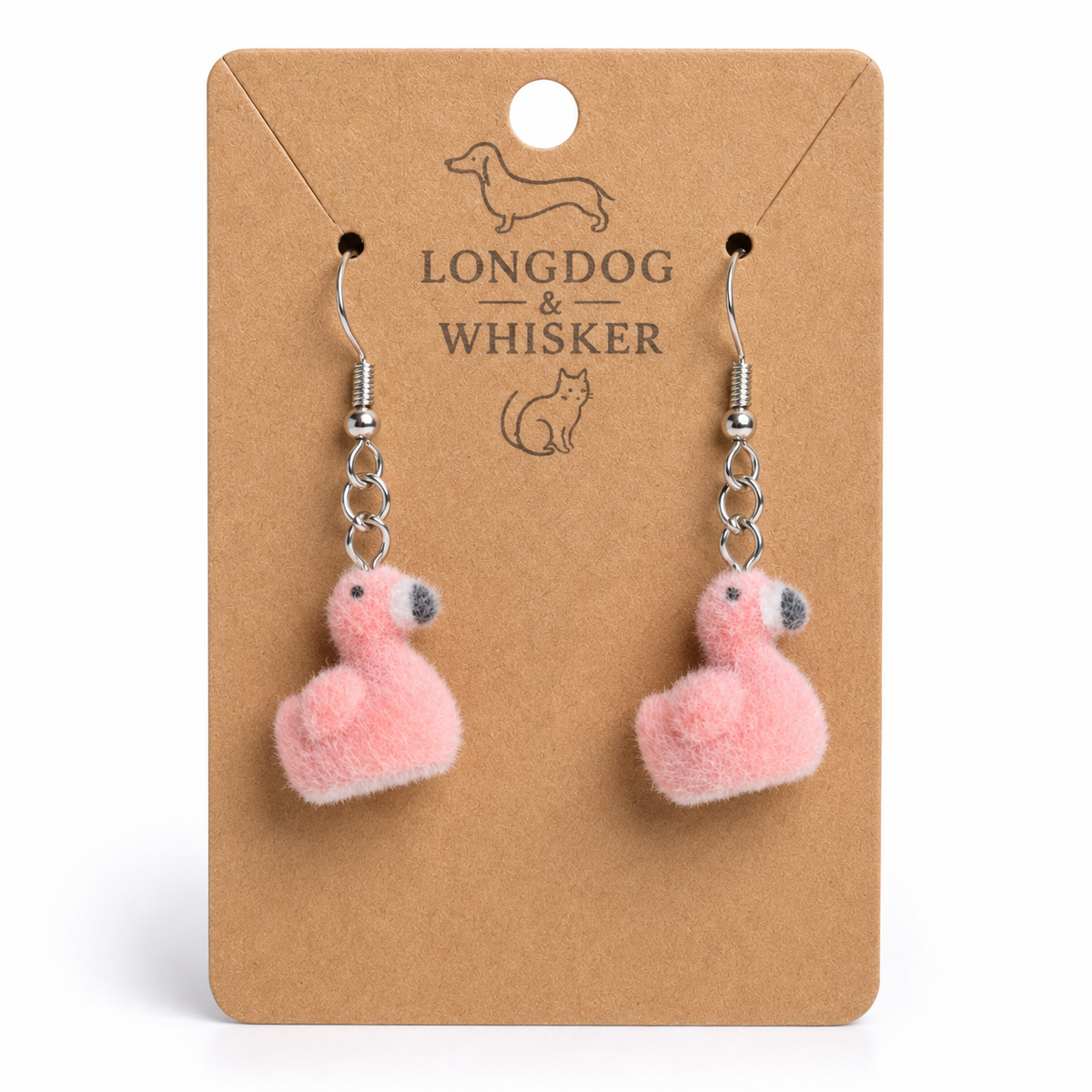 Fuzzy Flamingo Earrings on Longdog & Whisker product card
