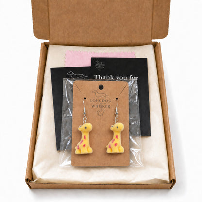 Fuzzy Giraffe Earrings in Longdog & Whisker gift-ready packaging
