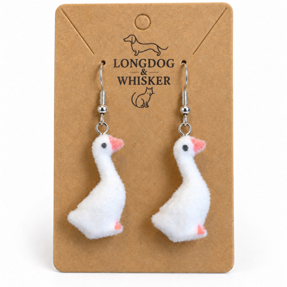 Close-up of Fuzzy Goose Earrings with silver-tone hooks