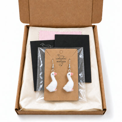 Fuzzy Goose Earrings in Longdog & Whisker gift-ready packaging