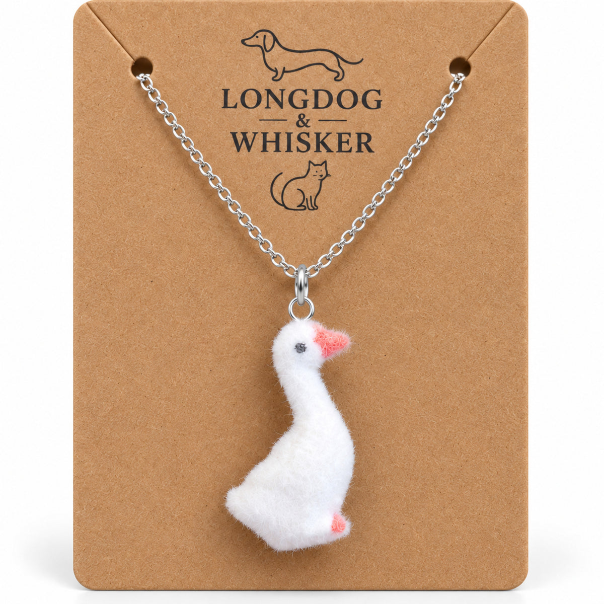 Close-up of Fuzzy Goose Necklace on a silver-tone chain