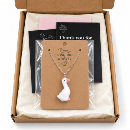 Fuzzy Goose Necklace in Longdog & Whisker gift-ready packaging