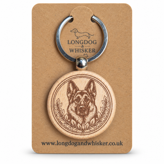 German Shepherd wooden keyring with leafy portrait frame on Longdog & Whisker kraft card