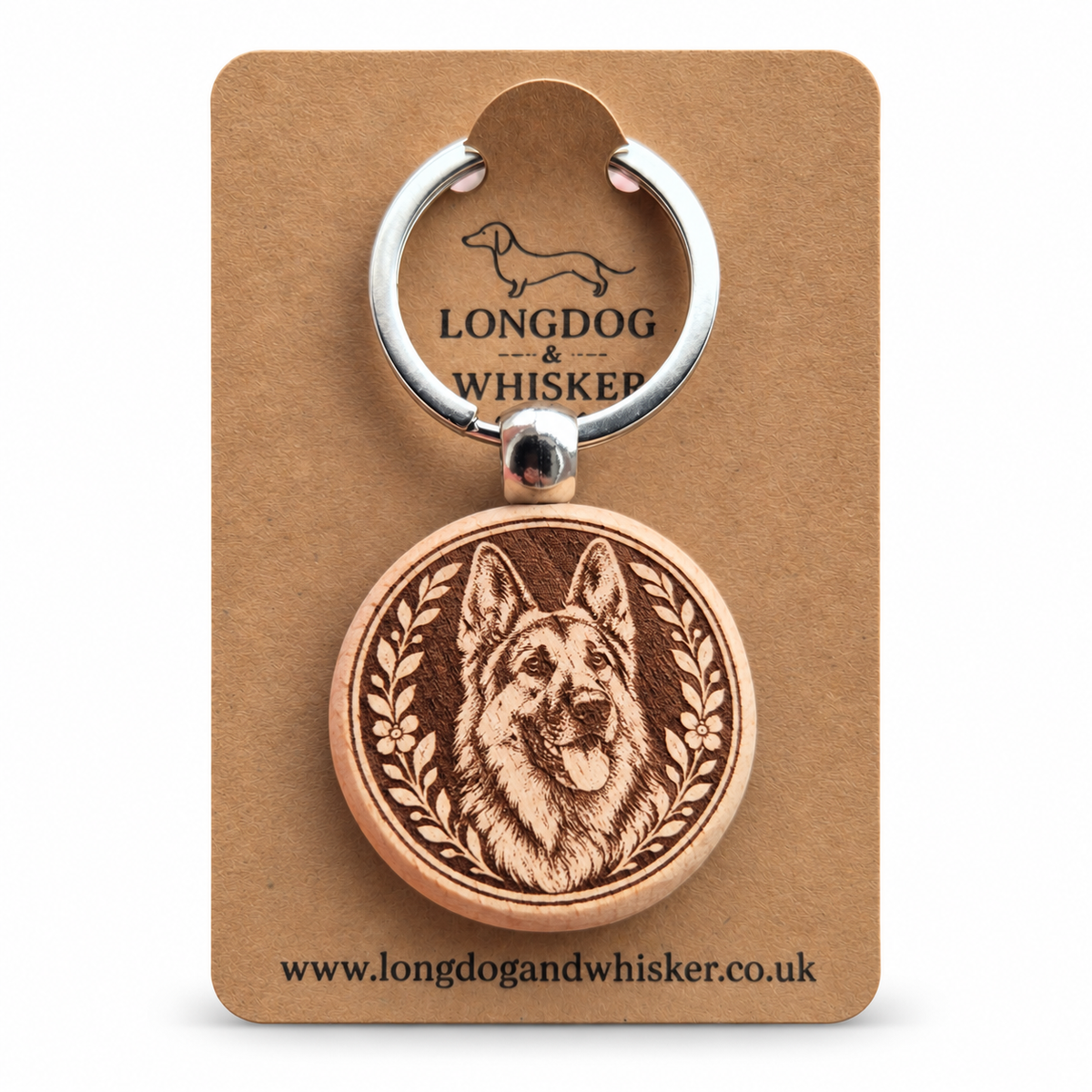 German Shepherd wooden keyring on a Longdog & Whisker product card