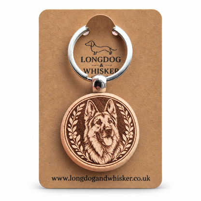 German Shepherd wooden keyring on a Longdog & Whisker product card