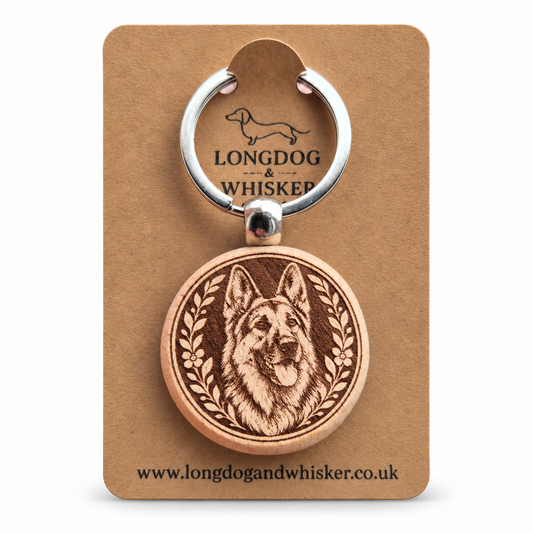 German Shepherd wooden keyring on a Longdog & Whisker product card