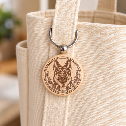 German Shepherd wooden keyring attached to a cream canvas tote handle